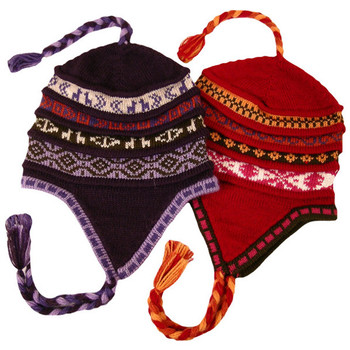 100% Andean Alpaca Pleated Geometric Hand-Knit Chullo Hat Lined Fine 100% Andean Alpaca Pleated Geometric Hand-Knit Chullo Hat Lined Fine