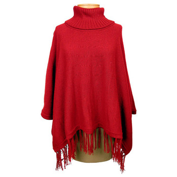 Cozy Turtleneck Knit Poncho with Sleeves Varied Colors One Size
