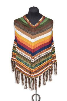Adult Striped Poncho with Llamas - V Shape Fringe 100% Alpaca Knit Adult Striped Poncho with Llamas - V Shape Fringe 100% Alpaca Knit