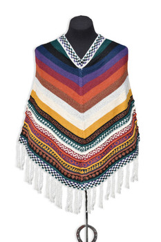Adult Striped Poncho with Llamas - V Shape Fringe 100% Alpaca Knit Adult Striped Poncho with Llamas - V Shape Fringe 100% Alpaca Knit