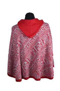 Hooded Cape Cloak One Size - 100% Alpaca Knit Geometric Two Tones Red Hooded Cape Cloak One Size - 100% Alpaca Knit Geometric Two Tones Red