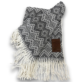 Paracas Icons Loomed Inca Design Blanket - Black and Gray Fringed 100% Alpaca