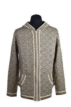 Hooded Knit Sweater Chacana Inca Pattern - Charcoal and Bone White 100% Alpaca M L XL