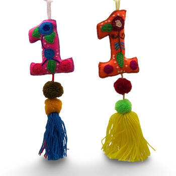 # 1 Birthday Decor Embroidered Wool - multicolor - Handmade in Peru - Colorful Letters and Numbers