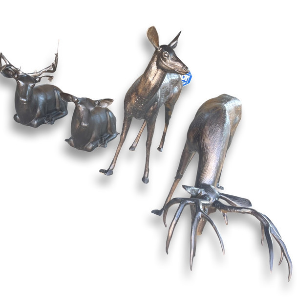 Deer Buck and Doe Grazing Outdoor Statues Set Aluminum Art for Wildlife Scenes
