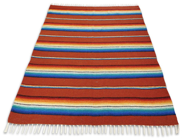 Traditional Sarape - Rust Striped Yoga Roll Blanket (54" x 76") - Cotton Heavy Weave