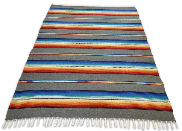 Throw Blanket - Gray Striped Yoga Roll (58" x 78") - Sarape Cotton Heavy Weave