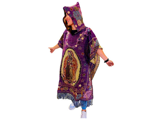 Virgin of Guadalupe Reversible Woven Poncho - Two-Tone Pattern Hooded Adult Aluminum Art