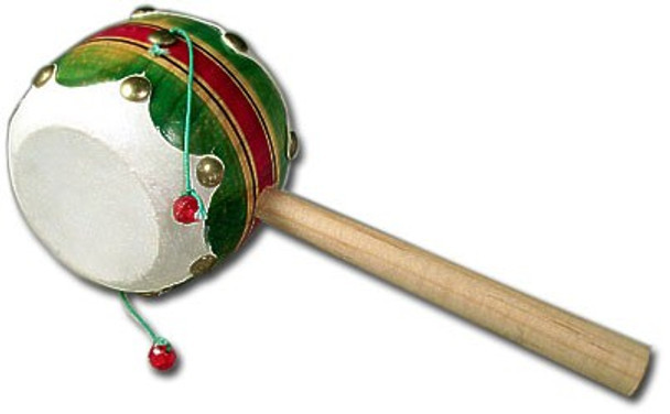Mexican Wooden Toy Leather Tambourine - Spin Drum Toy, 3.5"