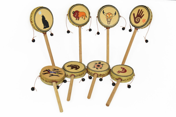 Frontier Buffalo Design Spin Drum - Hand Painted Musical Instrument from Peru