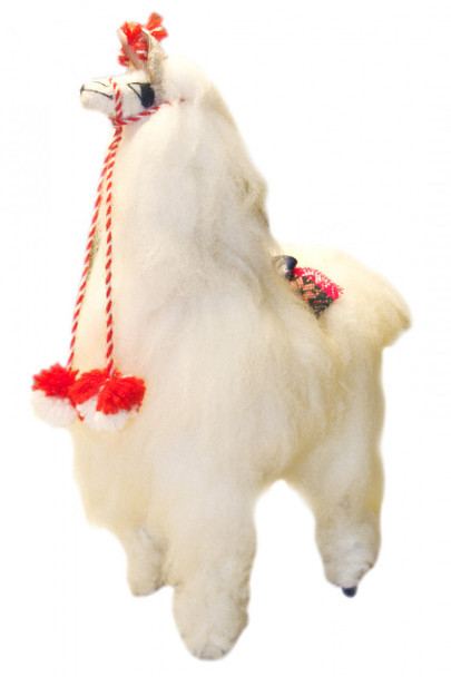 Alpaca Standing Plush Doll - White Fur 9" Tall Natural with Tassels