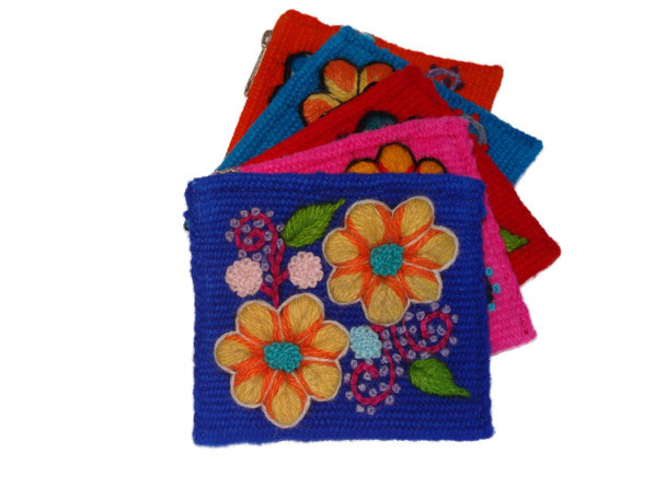 Wool Hand Embroidered Coin Purse 3" x 4" Zippered Assorted Colors