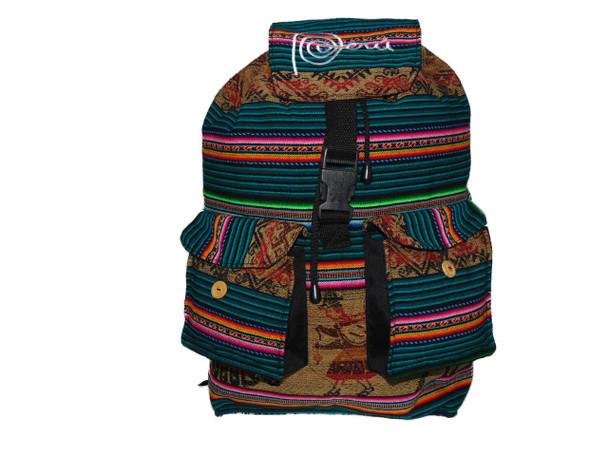 Large Size Backpack Peru Cotton Manta Two Pocket Hand Loomed Fabric 12" x 18" x 8"