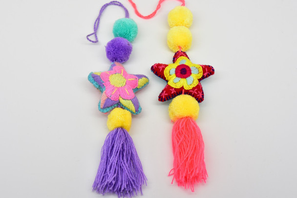 Embroidered Felt Star Mexican Oaxaca Yarn Ornament Pom Pom Assorted Colors