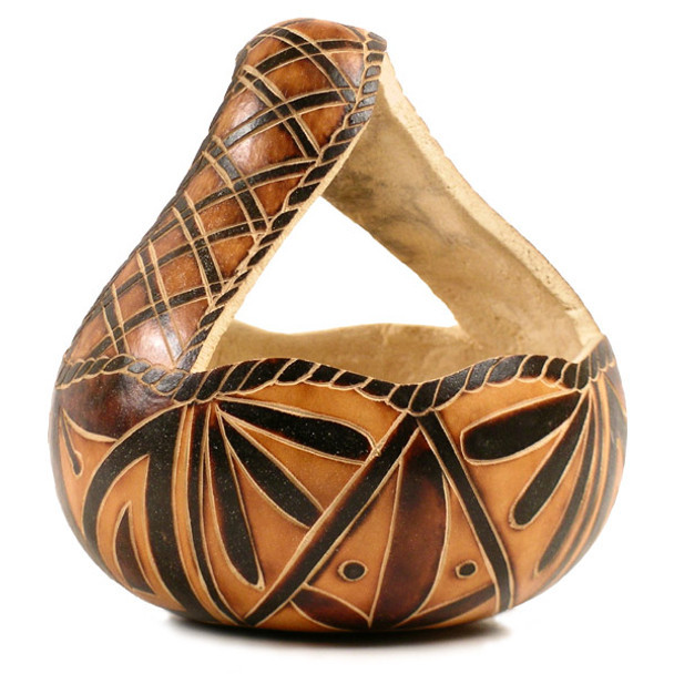 Peruvian Hand Carved Gourd with Geometrical Designs - Basket Shape (5")