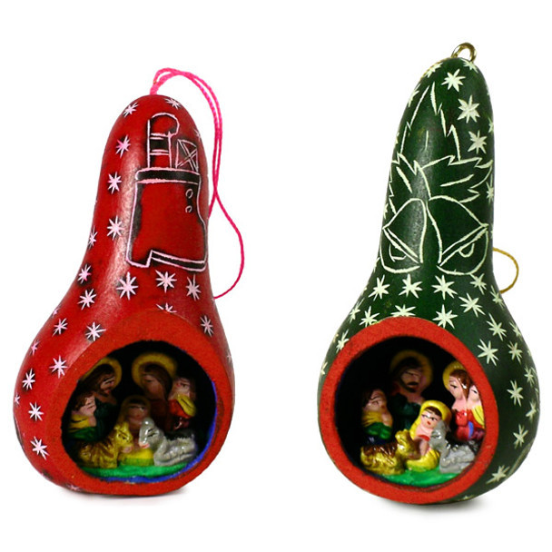 Nativity Ornament with Stars Carved Gourd - Scene Inside