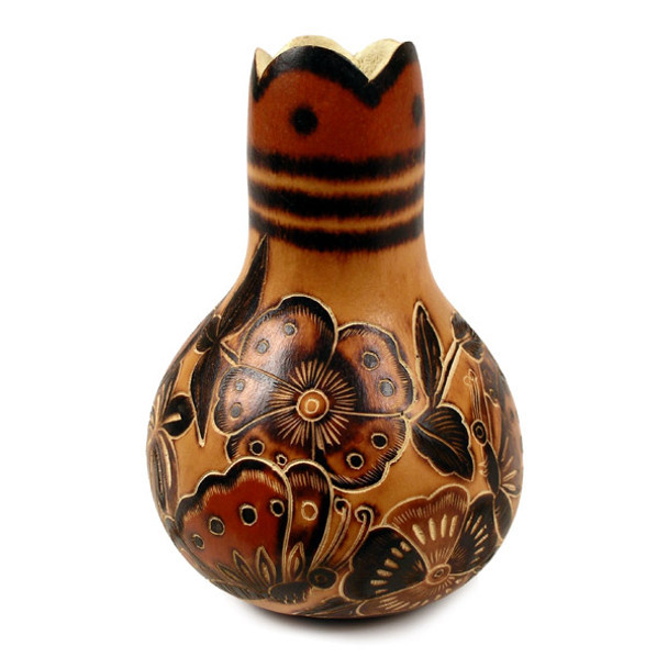 Hand Carved Gourd Flower Vase - Peru Natural Floral Butterflies Birds
