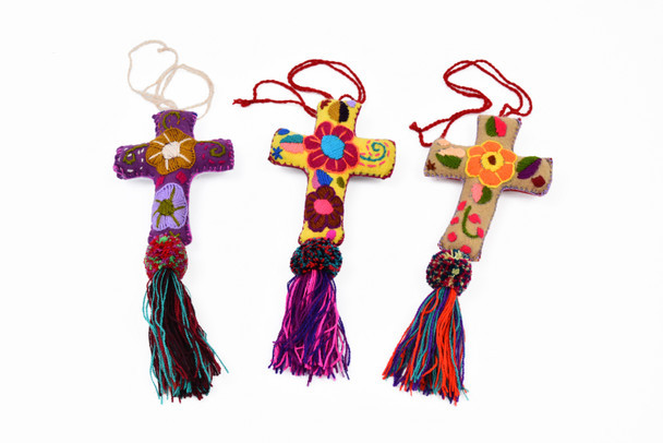 Embroidered Felt Cross Mexican Oaxaca Yarn Ornament  Pom Pom Assorted Colors