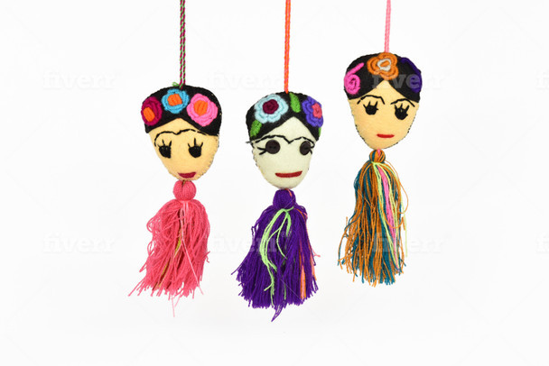 Frida Embroidered Felt Ornaments  Multicolored Pompoms 4" Assorted Colors