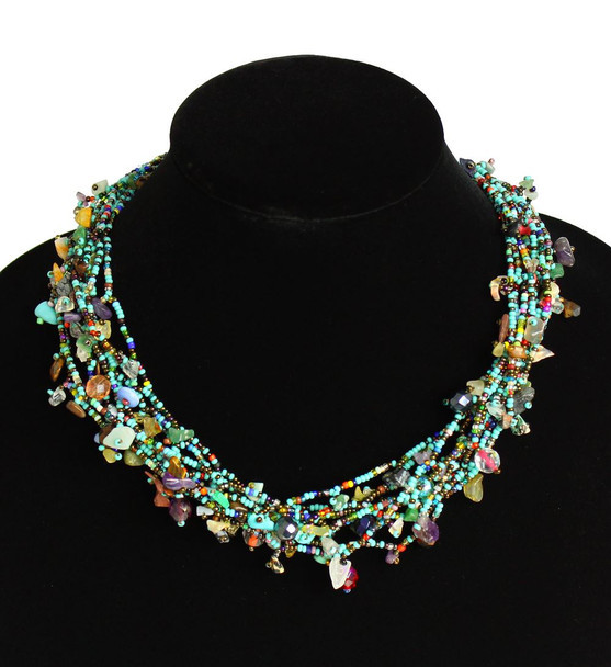 Hand Beaded Multi-Strand 19" Long Glass Necklace - Magnetic Clasp Multicolor Turquoise and Bronze Splash
