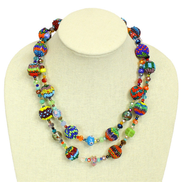 Fiesta Fine Art Multicolored Maya Necklace - Dbl Strand Design Crystal Glass Beads