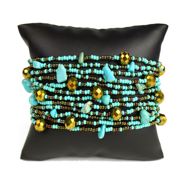 Turquoise and Bronze Twelve Strands 3" Wide Bracelet - Glass Beads