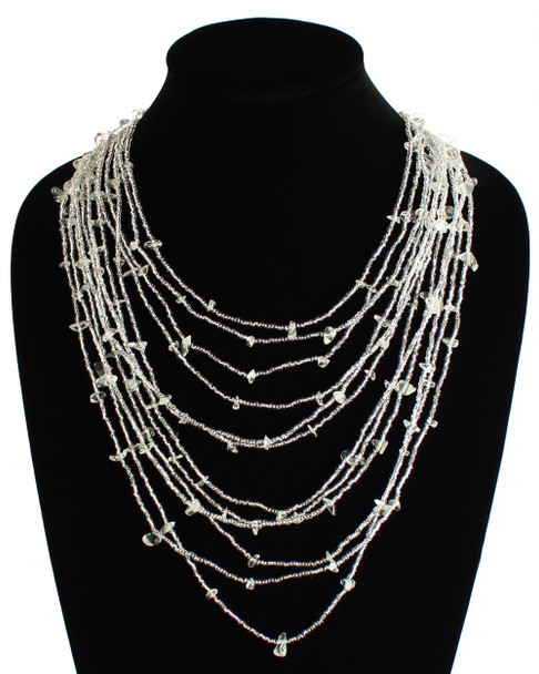 White Glass 24" Guatemala Beaded Jewelry - Crystal Cascade Necklace Woven Bead Crystals Magnetic Clasp