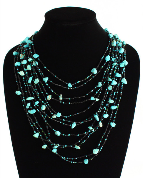 Guatemala Jewelry - Turquoise and Black Cascade Necklace Woven Bead Crystals Magnetic Clasp 24"