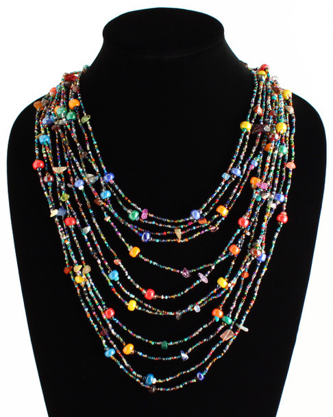 Guatemala Jewelry - 24" Multicolor Cascade Necklace Woven Bead Crystals Magnetic Clasp