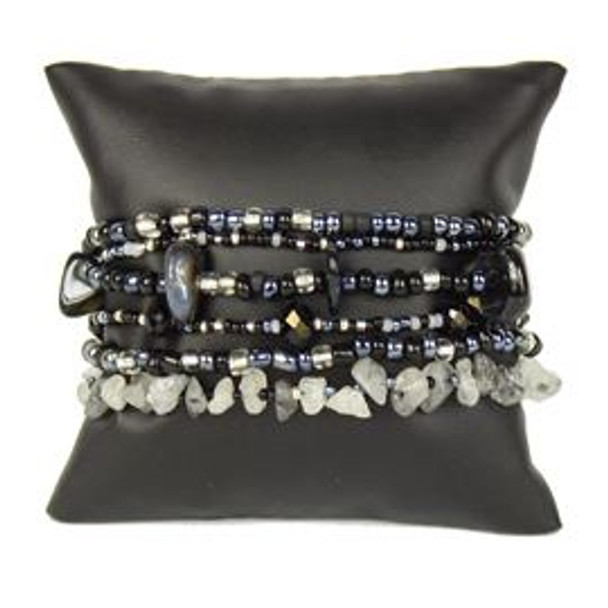 Six Strands 3" Wide Bracelet - Double Magnetic Clasp Black and Crystal Beads