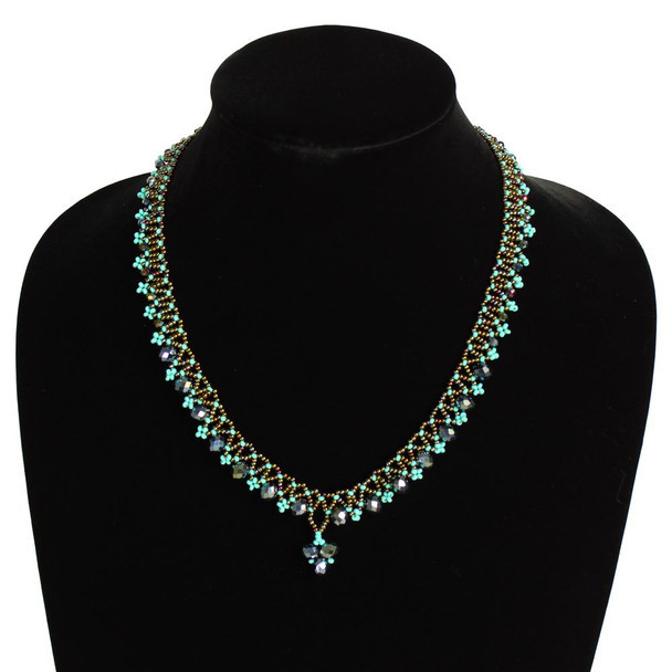 Lace Drop Necklace - Woven Bead Crystals Magnetic Clasp Turquoise and Bronze