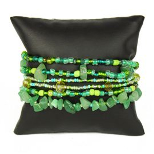 Double Magnetic Clasp - Green Beads Six Strands 3" Wide Bracelet