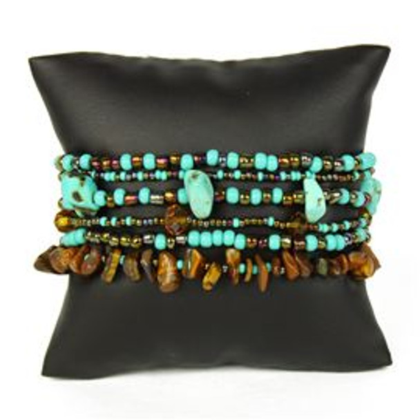 Double Magnetic Clasp - Turquoise and Bronze Beads Six Strands 3" Wide Bracelet