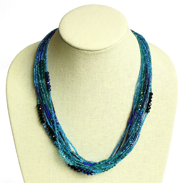 Magnetic Clasp 22" - 12 Strand Color Block Necklace Blue Crystal Beads