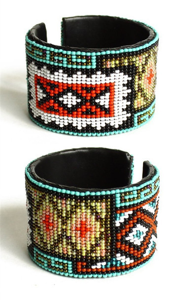 Artisan Made Guatemala - Navajo Six Rug Cuff Blue Bracelet Woven Crystal Beads