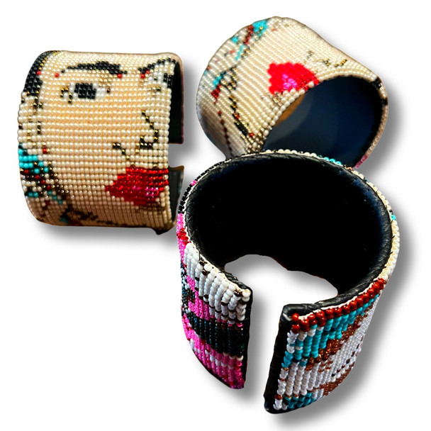 Hand Made - Frida Kahlo Pearl Cuff 2" Wide Bracelet Hand Beaded