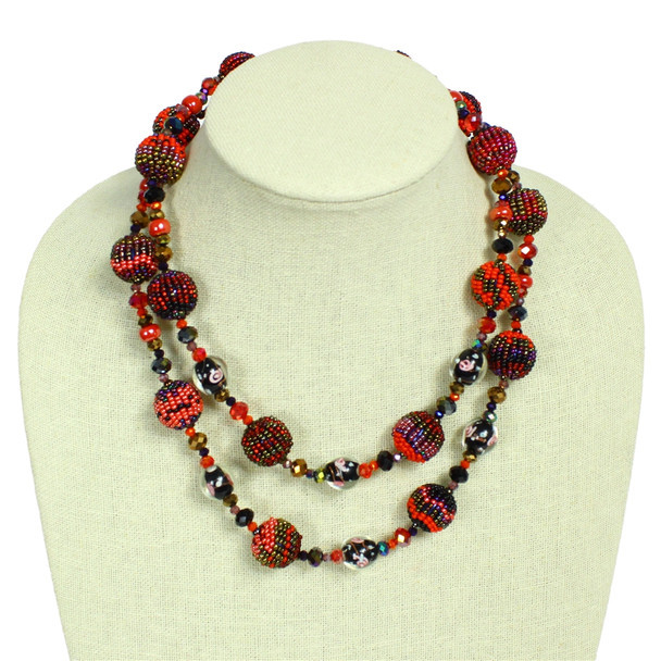 Red Ruby Classic Collar - Jewel Tone Fiesta Necklace Double Strand Dots Hand Strung Guatemala