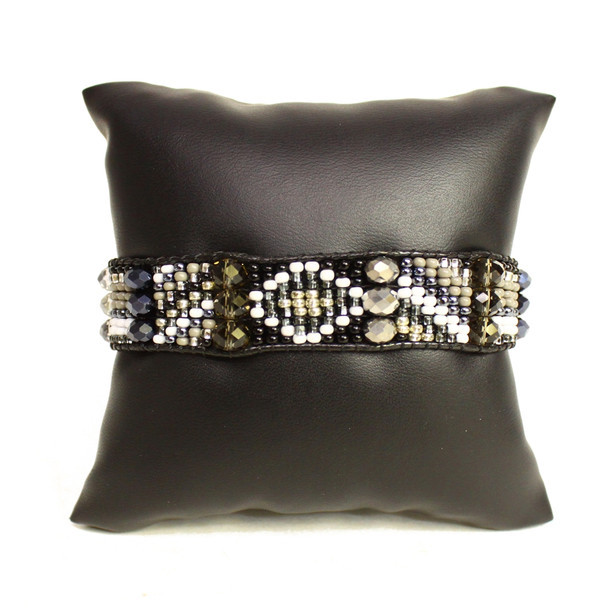 Artisan Santa Fe Beaded Tribal Bracelets Magnet Closure 7" - Black Glass Beads and Crystal