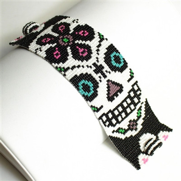 Black and Pink Double Magnetic Clasp Beaded 2" Wide - Sugar Skull Bracelet