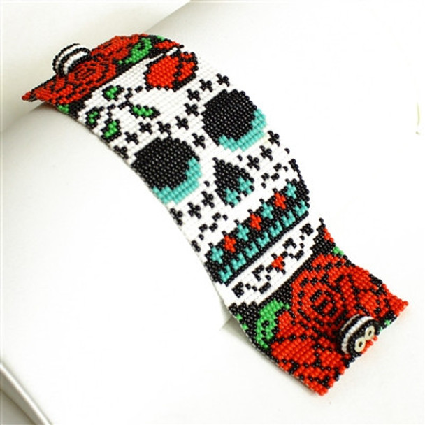 Beaded 2" Wide Hand Made - Day of the Dead Bracelet Double Magnetic Clasp