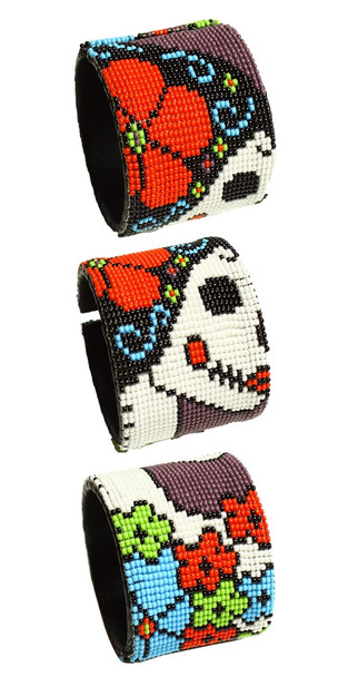 Double Magnetic Clasp - Glass Katrina Day of the Dead 2" Wide Cuff Bracelet