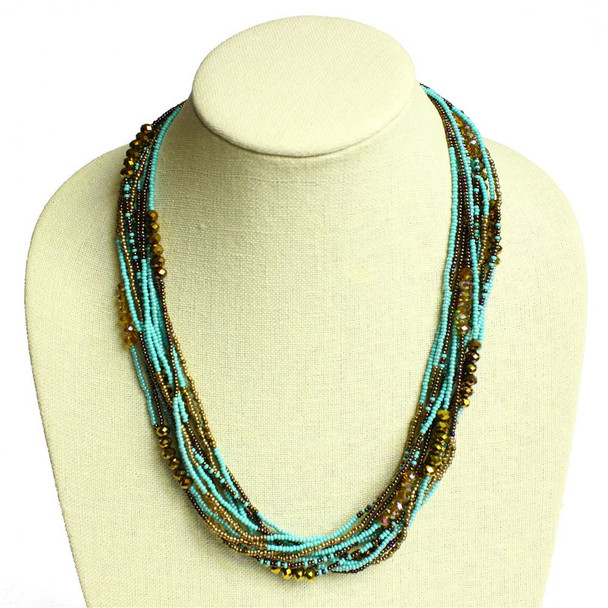 12 Strand Color Block Necklace - Turquoise and Bronze Crystal Beads Magnetic Clasp 22"