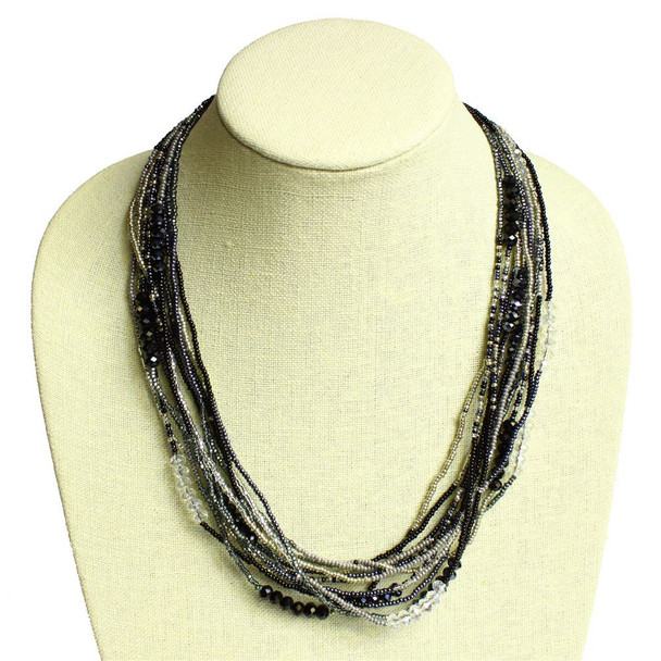 12 Strand Color Block Necklace - Black and Crystal Beads Magnetic Clasp 22"