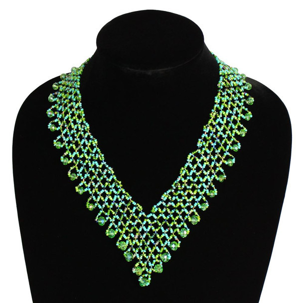 Turquoise and Lime Lola Magnetic Clasp Glass Beads - 19" Long Artisan Made Necklace Woven Multi-Strand