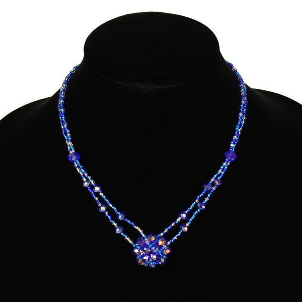 Crystal Mandala Necklace - Woven Bead Magnetic Clasp Blue and Crystal Clear