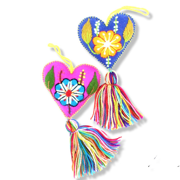 Multicolored Wool Felted Embroidered Charm Heart - Assorted Colors 3"