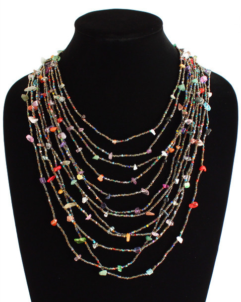 Bronze and Multi Color Necklace - Woven Bead Crystals Magnetic Clasp 24" - Guatemala Jewelry