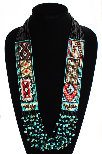 Black and Turquoise Necklace - Woven Glass Beads Crystals Magnetic Clasp Six Rugs Story