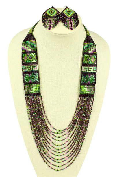 Green and Purple Mesa Guatemala Necklace - Beautiful Hand Beaded Unique Necklace Made By Artisans