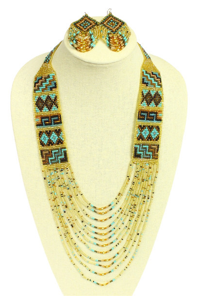 Gold with Turquoise Mesa Necklace - Beautiful Hand Beaded Unique Necklace Artisan Made